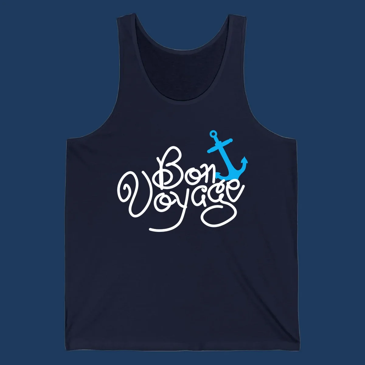 White cursive text reading 'On Board Voyage' with a bright blue anchor graphic on gray background