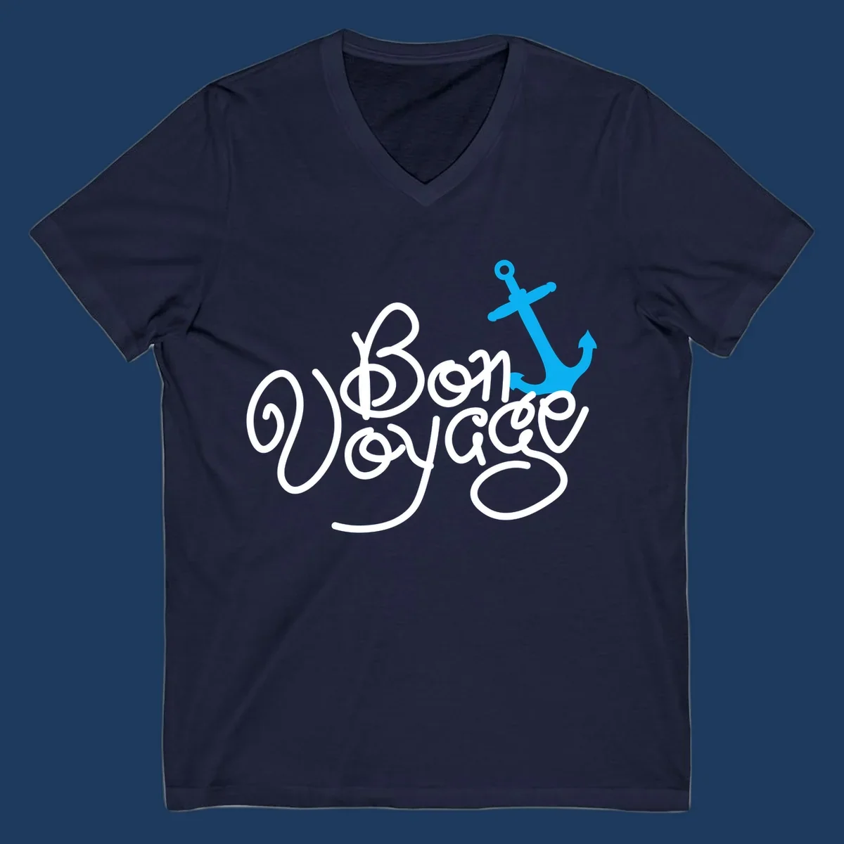 White cursive text reading 'On Board Voyage' with a bright blue anchor graphic on gray background