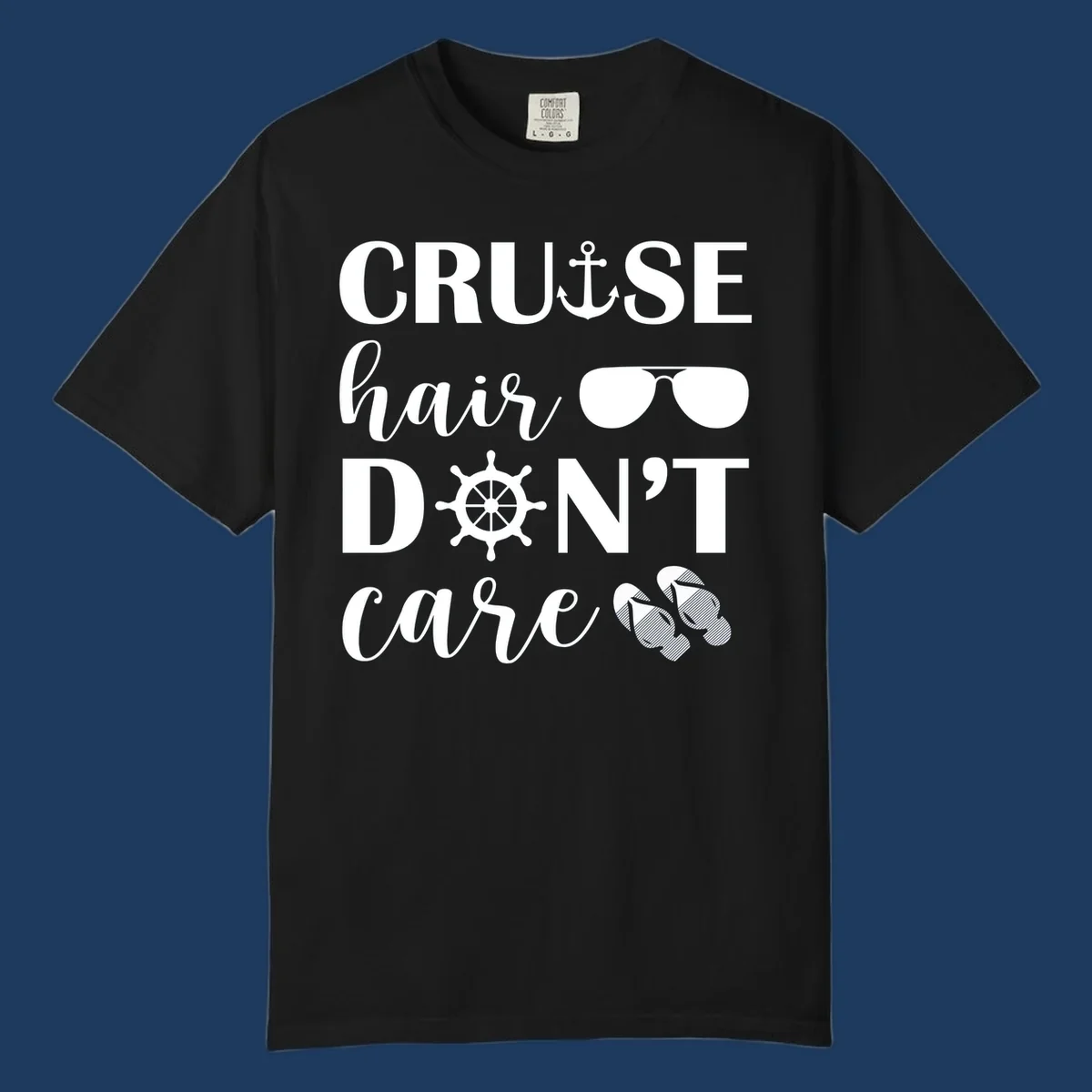 Cruise hair don't care design with nautical icons including anchor, sunglasses, ship wheel and flip-flops on gray background