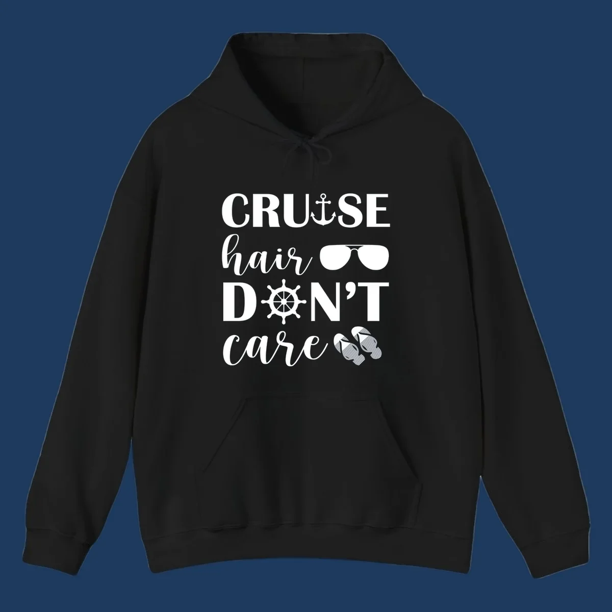 Cruise hair don't care design with nautical icons including anchor, sunglasses, ship wheel and flip-flops on gray background