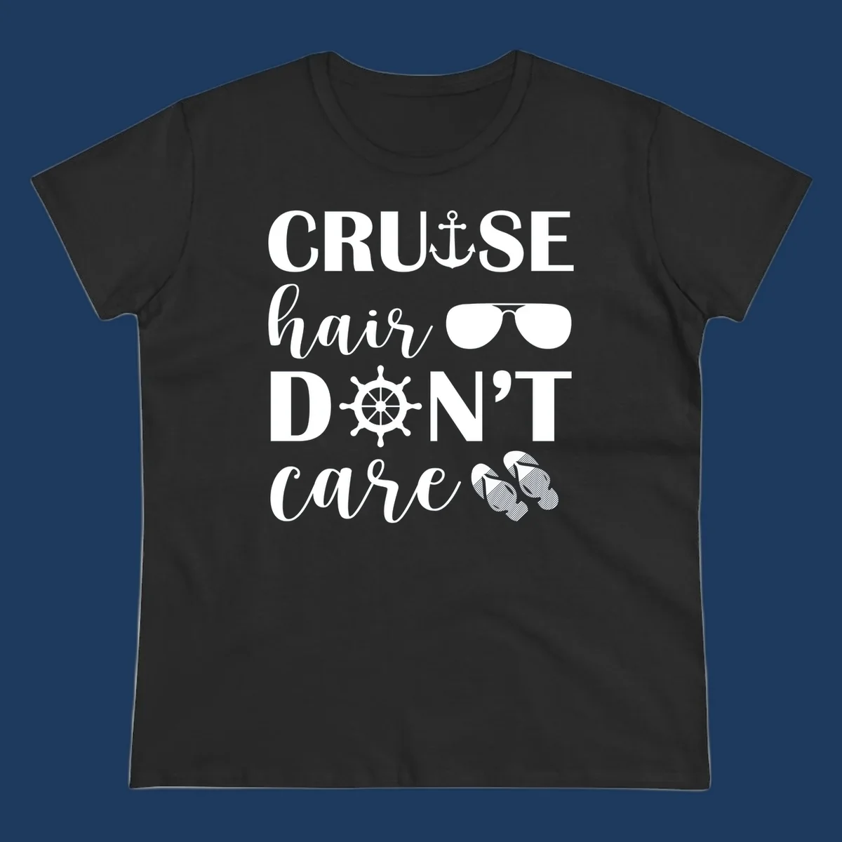 Cruise hair don't care design with nautical icons including anchor, sunglasses, ship wheel and flip-flops on gray background