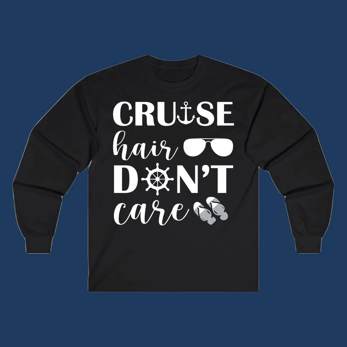 Cruise hair don't care design with nautical icons including anchor, sunglasses, ship wheel and flip-flops on gray background