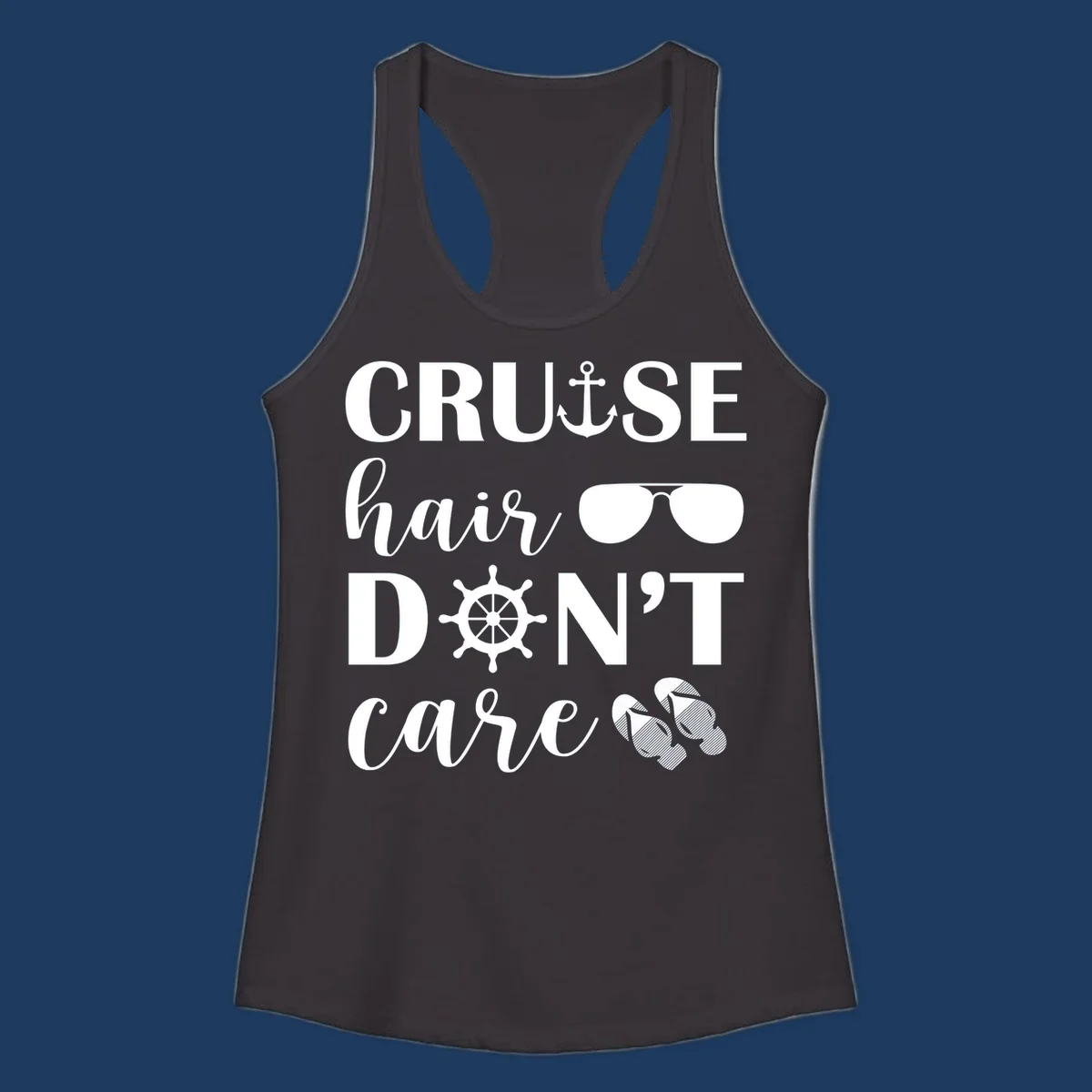 Cruise hair don't care design with nautical icons including anchor, sunglasses, ship wheel and flip-flops on gray background