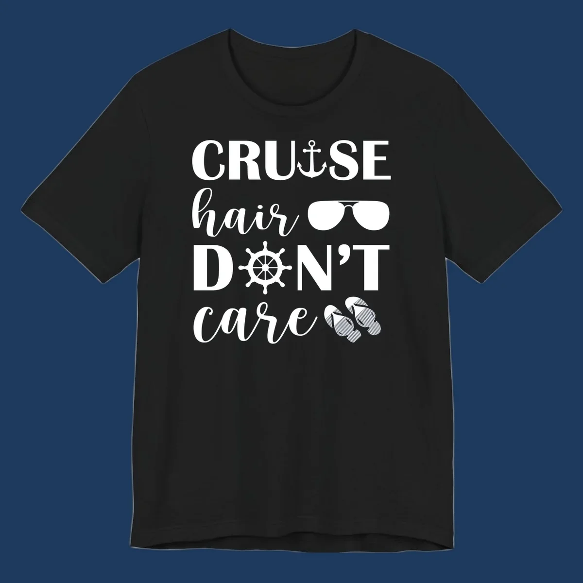 Cruise hair don't care design with nautical icons including anchor, sunglasses, ship wheel and flip-flops on gray background