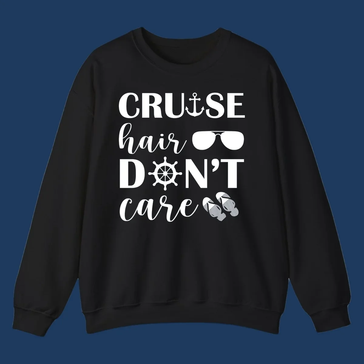 Cruise hair don't care design with nautical icons including anchor, sunglasses, ship wheel and flip-flops on gray background