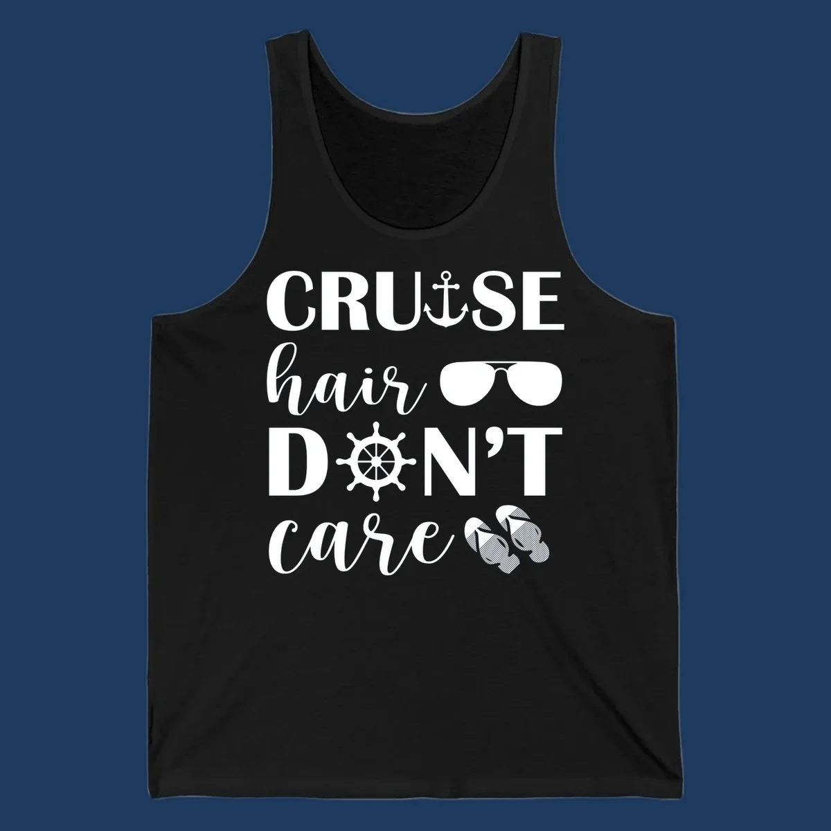 Cruise hair don't care design with nautical icons including anchor, sunglasses, ship wheel and flip-flops on gray background