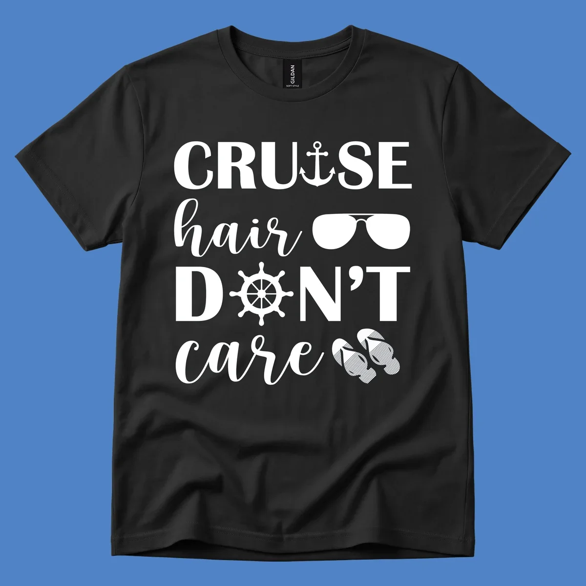 Cruise hair don't care design with nautical icons including anchor, sunglasses, ship wheel and flip-flops on gray background