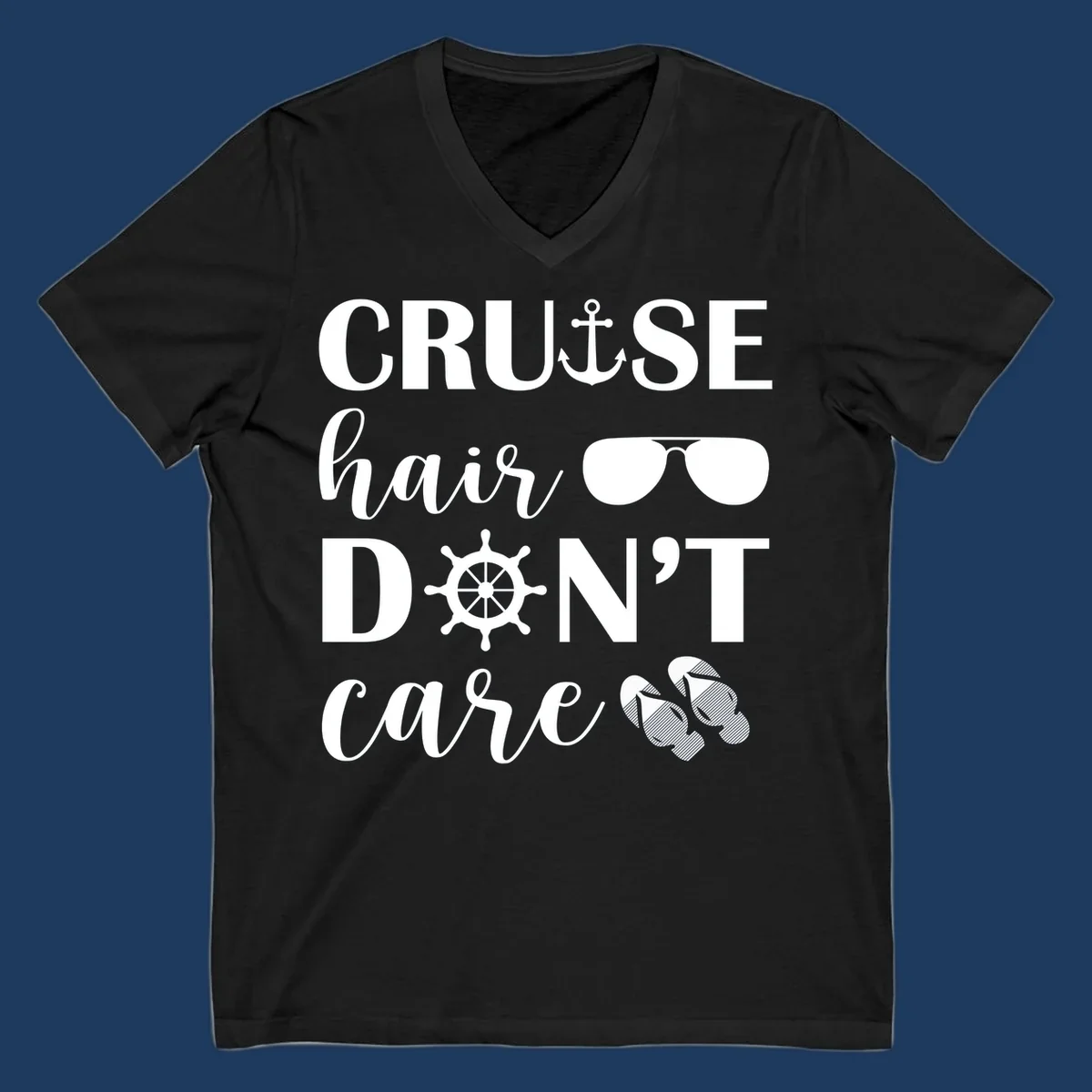 Cruise hair don't care design with nautical icons including anchor, sunglasses, ship wheel and flip-flops on gray background