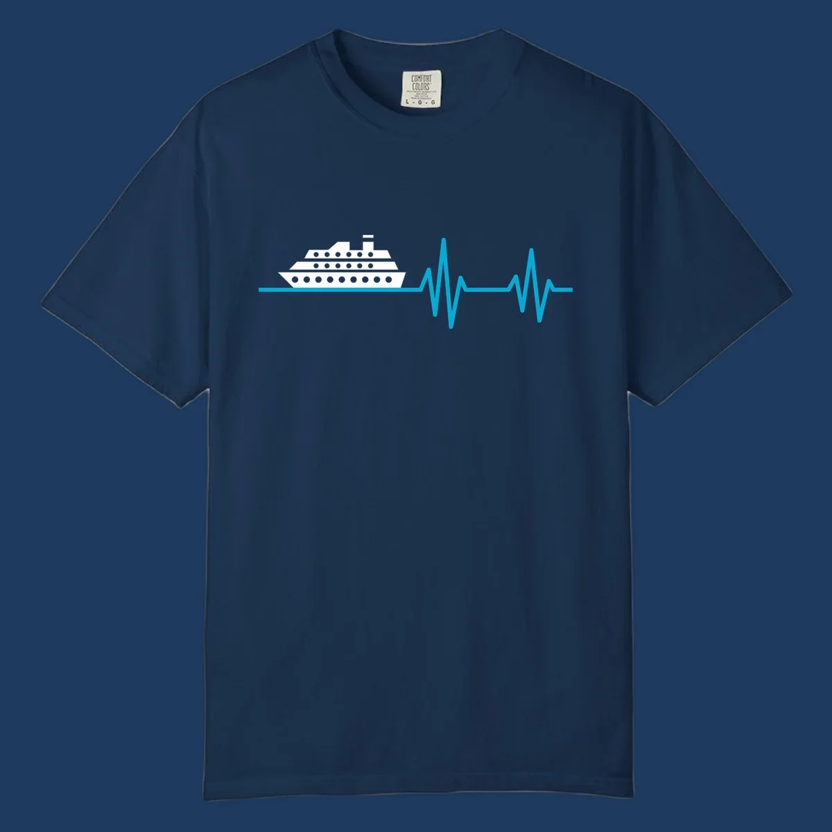 Cruise ship with heartbeat line design showing a ship illustration above a cyan EKG-style wave pattern representing cruise vacation excitement