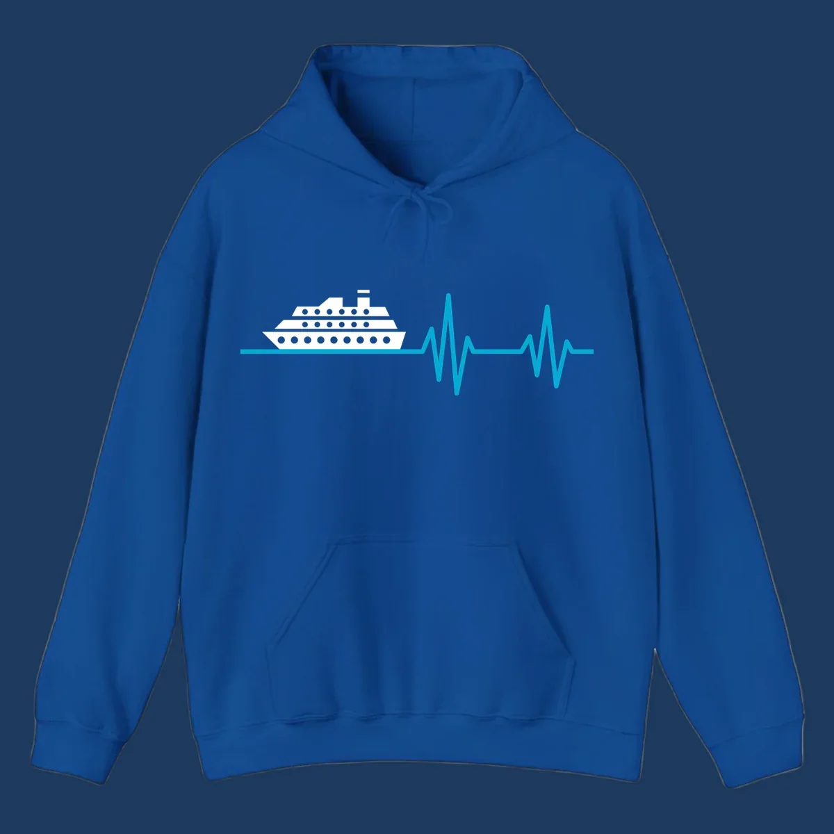 Cruise ship with heartbeat line design showing a ship illustration above a cyan EKG-style wave pattern representing cruise vacation excitement
