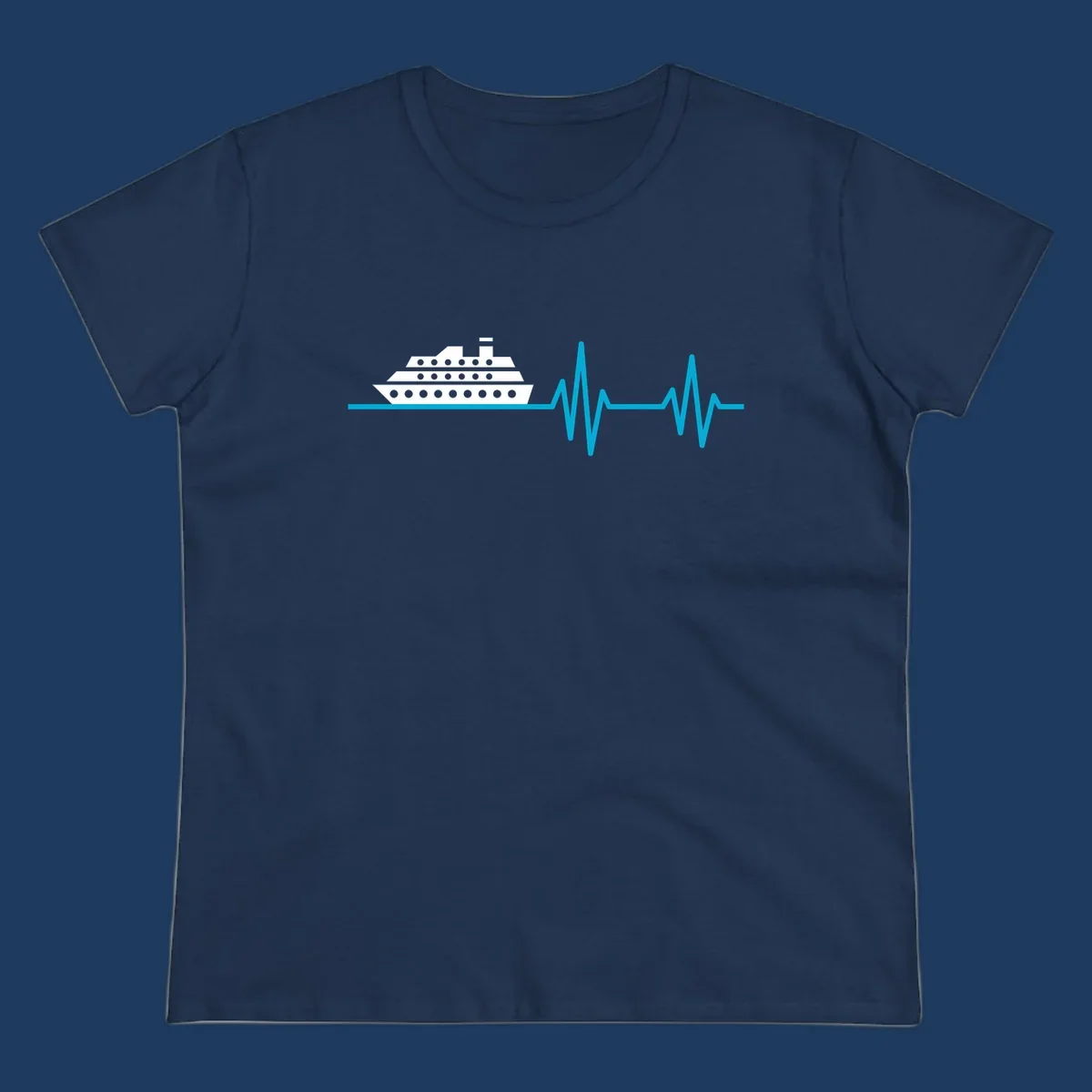 Cruise ship with heartbeat line design showing a ship illustration above a cyan EKG-style wave pattern representing cruise vacation excitement