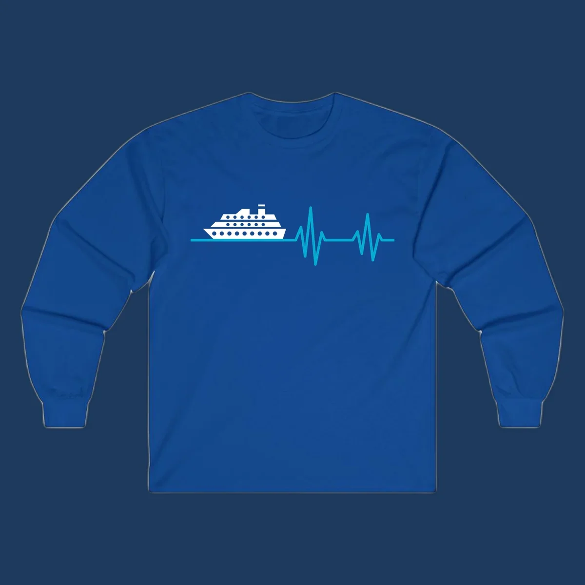 Cruise ship with heartbeat line design showing a ship illustration above a cyan EKG-style wave pattern representing cruise vacation excitement