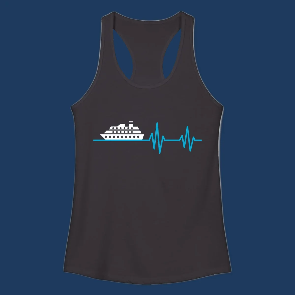Cruise ship with heartbeat line design showing a ship illustration above a cyan EKG-style wave pattern representing cruise vacation excitement