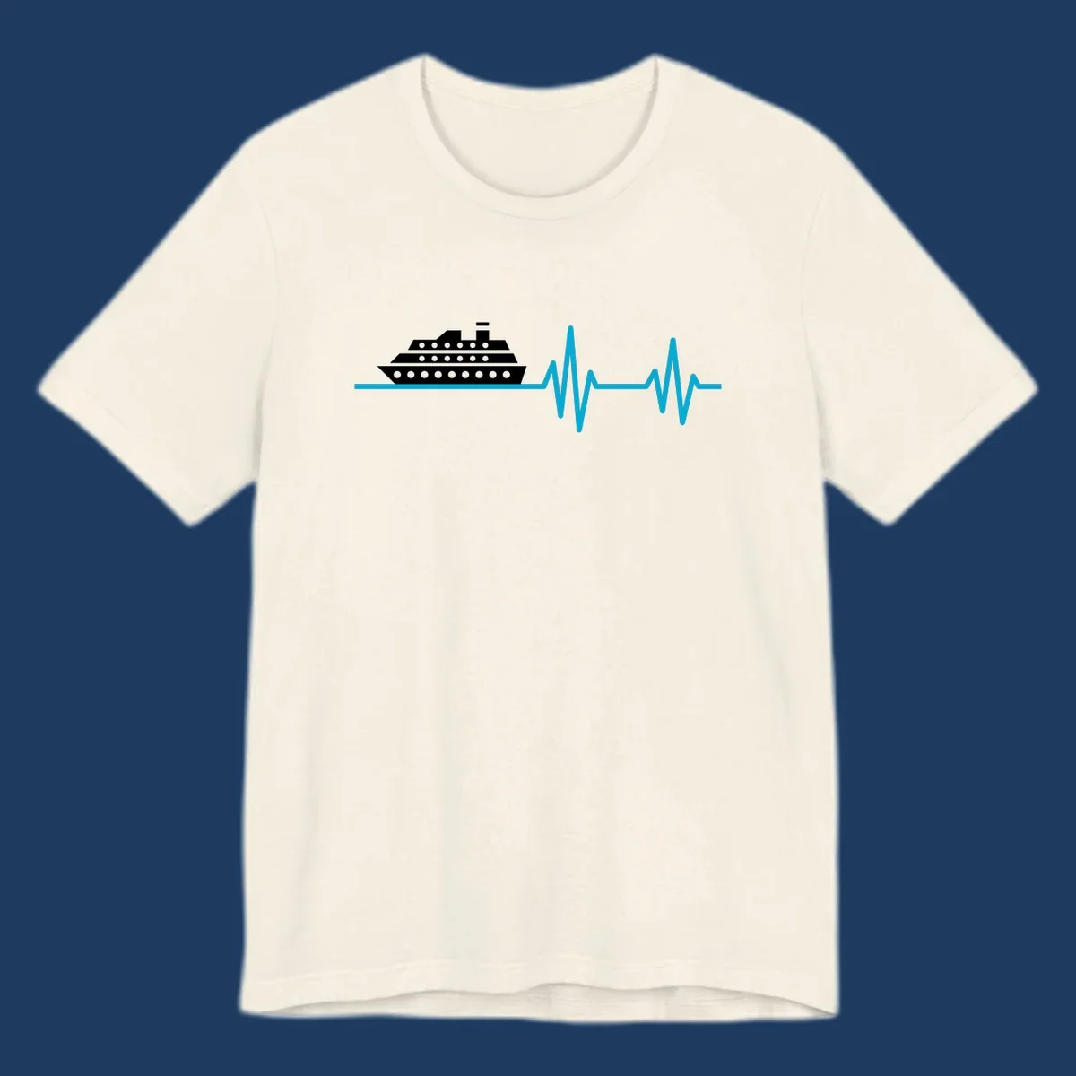 Cruise ship with heartbeat line design showing a ship illustration above a cyan EKG-style wave pattern representing cruise vacation excitement
