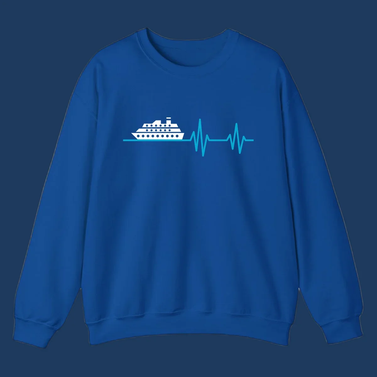 Cruise ship with heartbeat line design showing a ship illustration above a cyan EKG-style wave pattern representing cruise vacation excitement