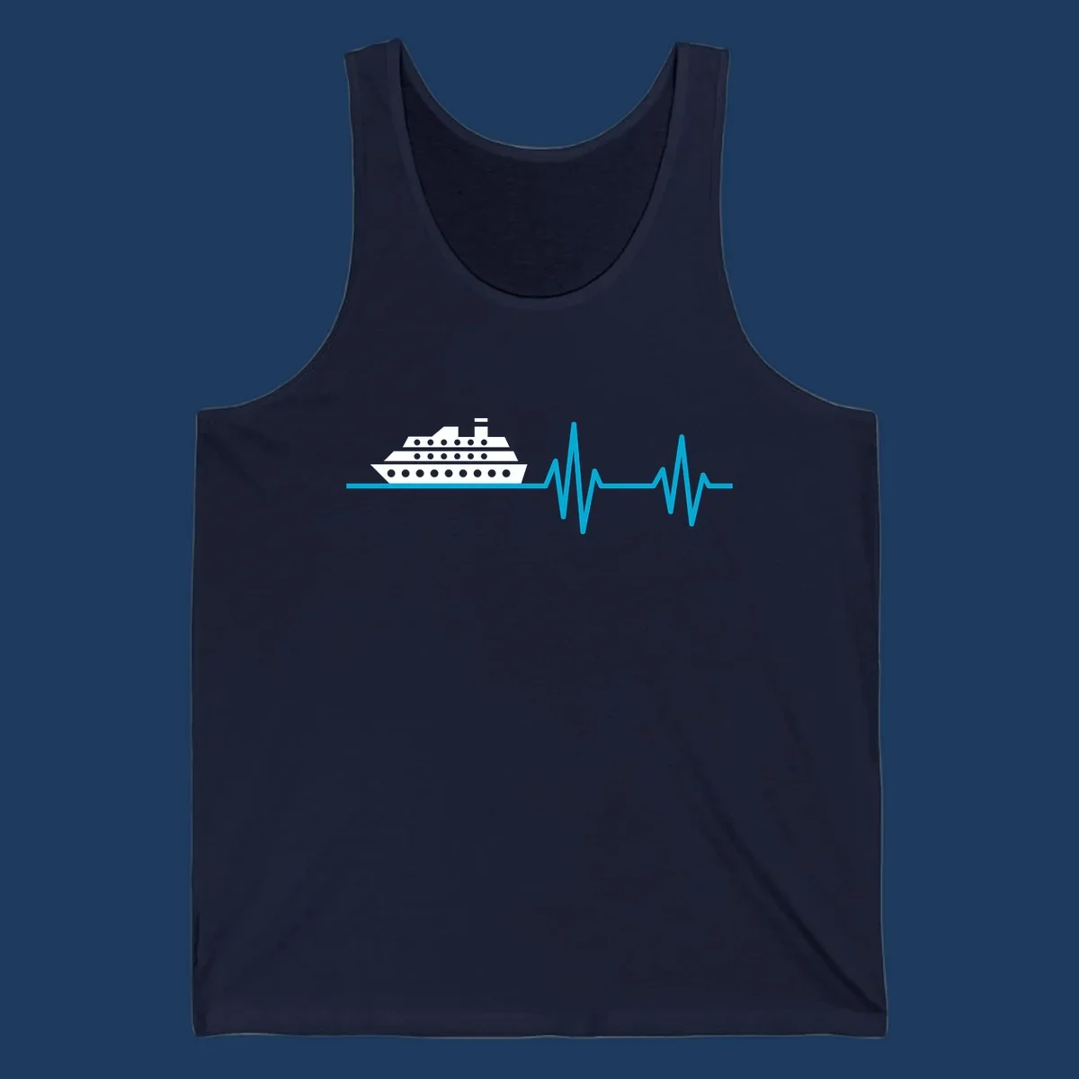 Cruise ship with heartbeat line design showing a ship illustration above a cyan EKG-style wave pattern representing cruise vacation excitement