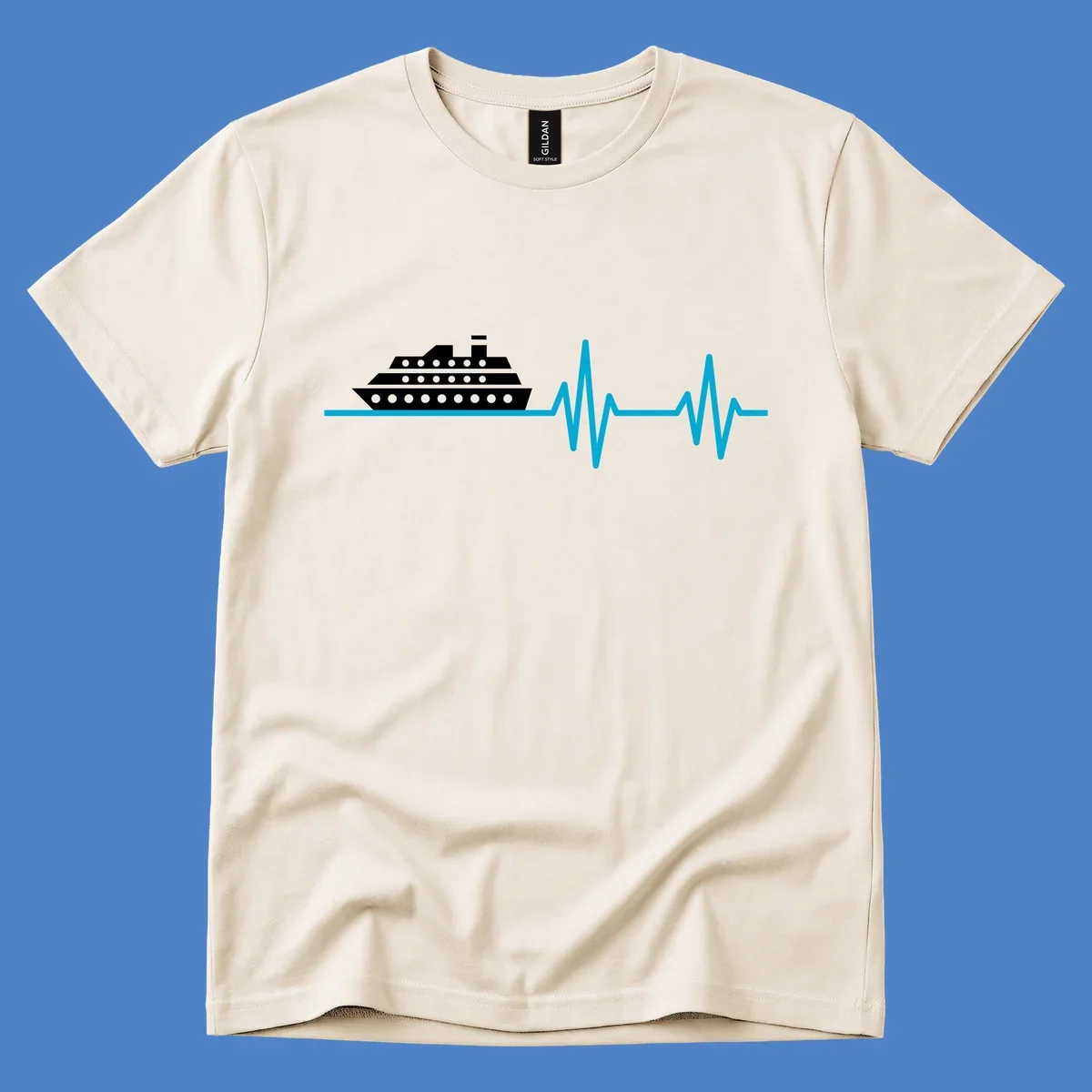 Cruise ship with heartbeat line design showing a ship illustration above a cyan EKG-style wave pattern representing cruise vacation excitement