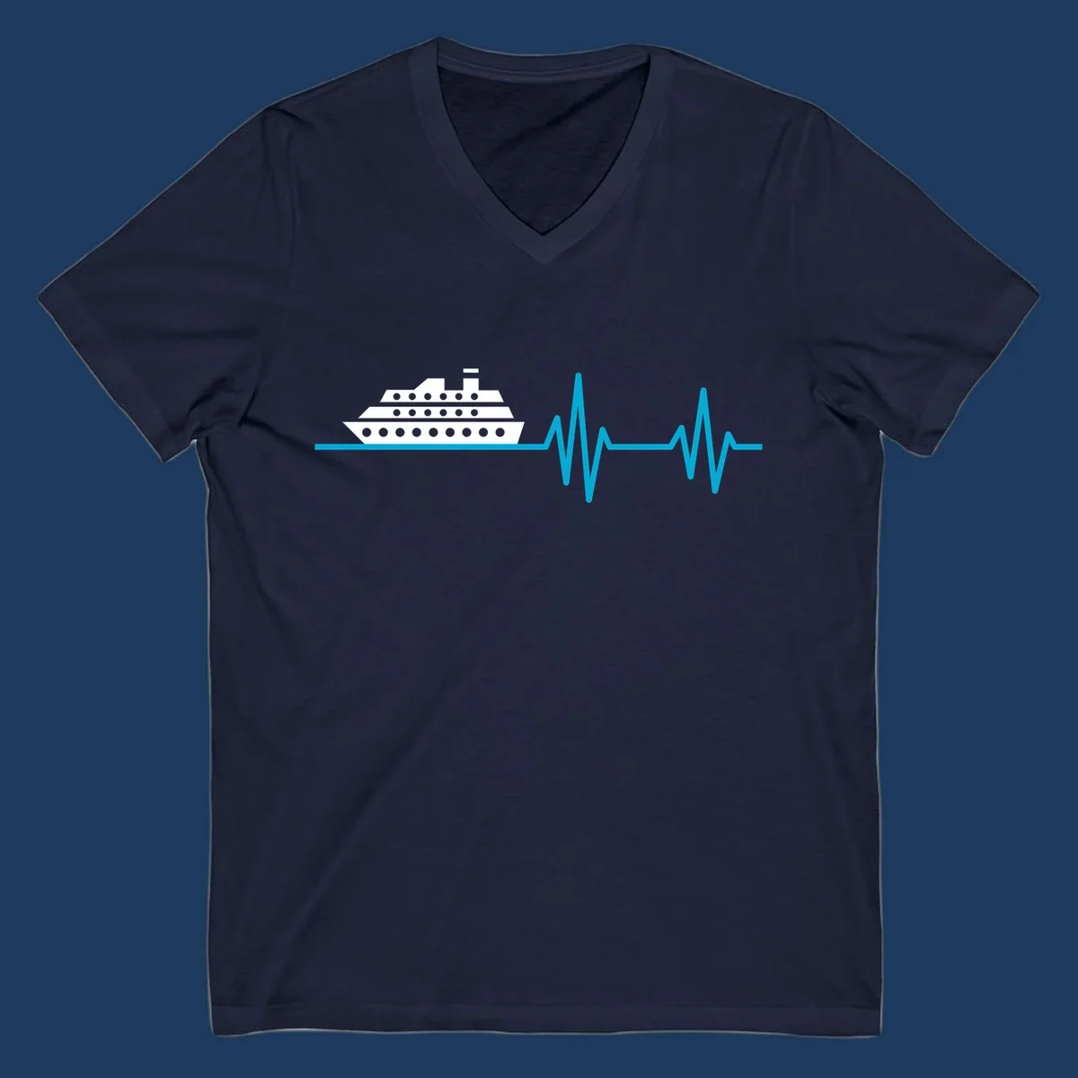 Cruise ship with heartbeat line design showing a ship illustration above a cyan EKG-style wave pattern representing cruise vacation excitement
