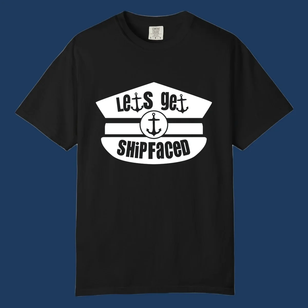 Let's Get Shipfaced vintage nautical design with three anchors and horizontal stripes in gray and white