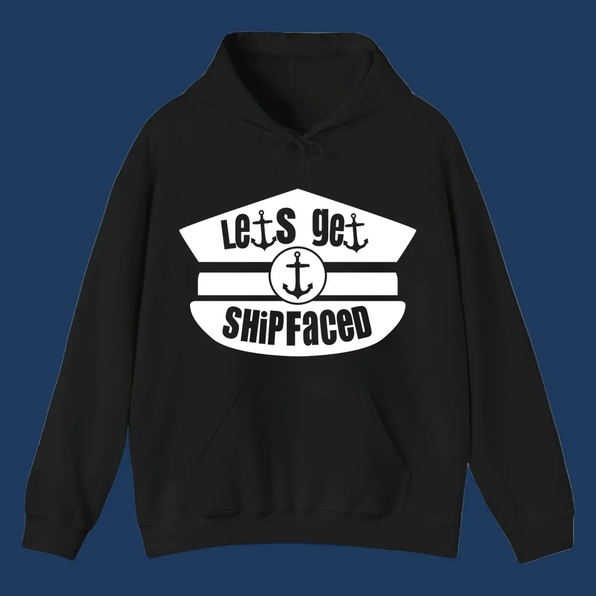 Let's Get Shipfaced vintage nautical design with three anchors and horizontal stripes in gray and white