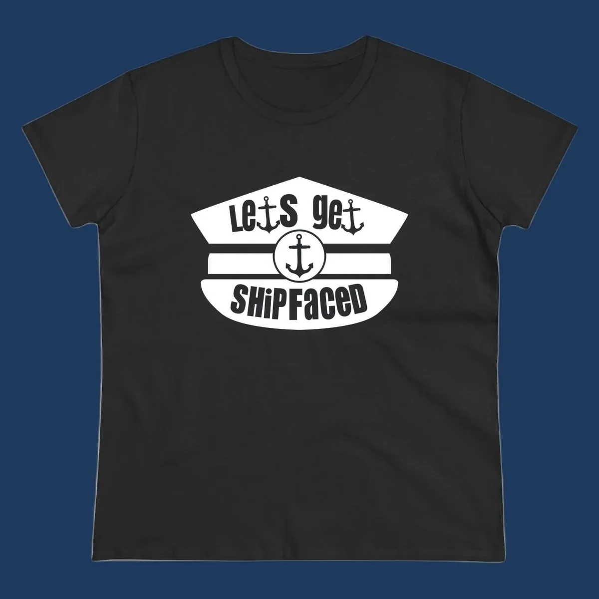 Let's Get Shipfaced vintage nautical design with three anchors and horizontal stripes in gray and white