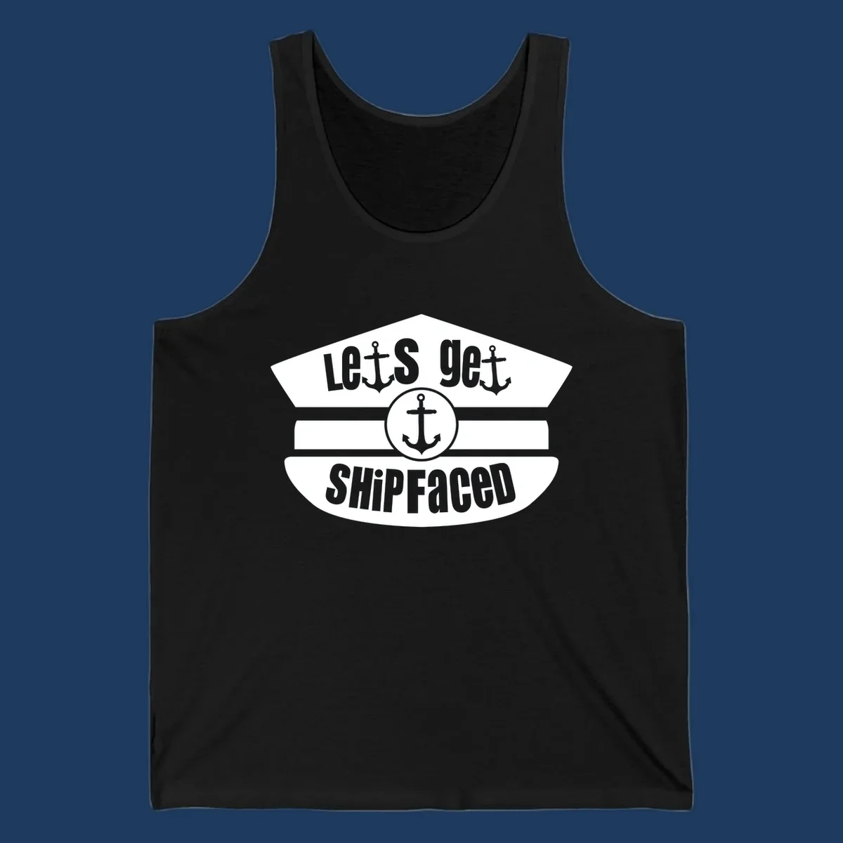 Let's Get Shipfaced vintage nautical design with three anchors and horizontal stripes in gray and white