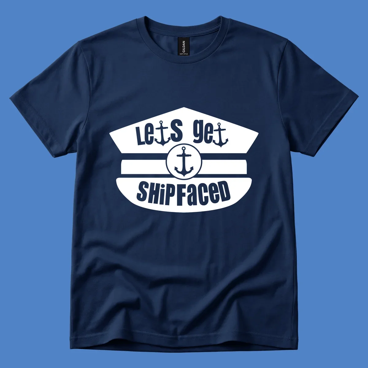 Let's Get Shipfaced vintage nautical design with three anchors and horizontal stripes in gray and white