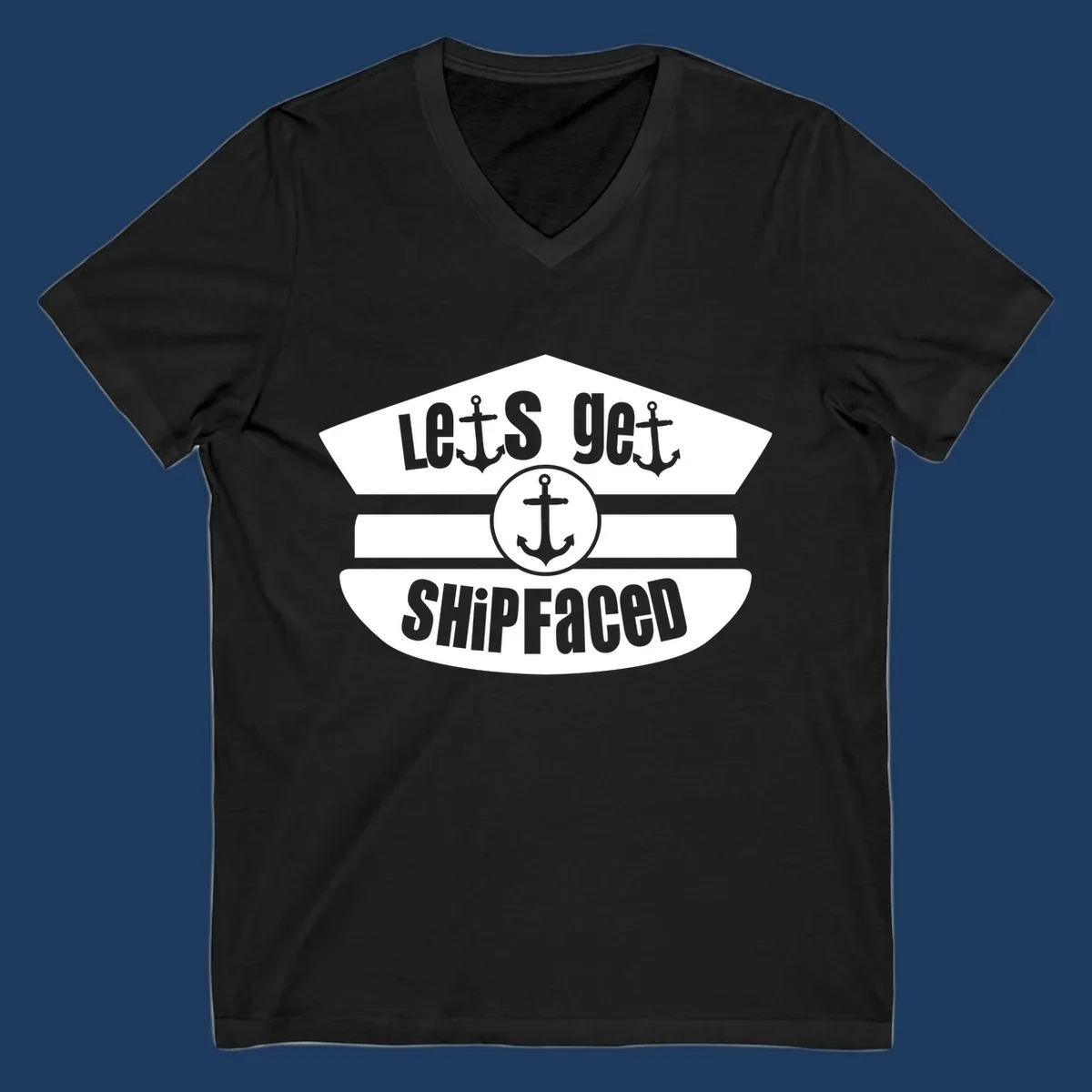 Let's Get Shipfaced vintage nautical design with three anchors and horizontal stripes in gray and white