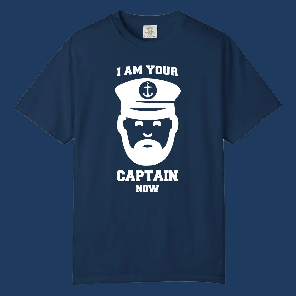 Illustration of a bearded ship captain in white naval uniform with anchor emblem and text reading 'I Am Your Captain Now' for captain-now-cruise design
