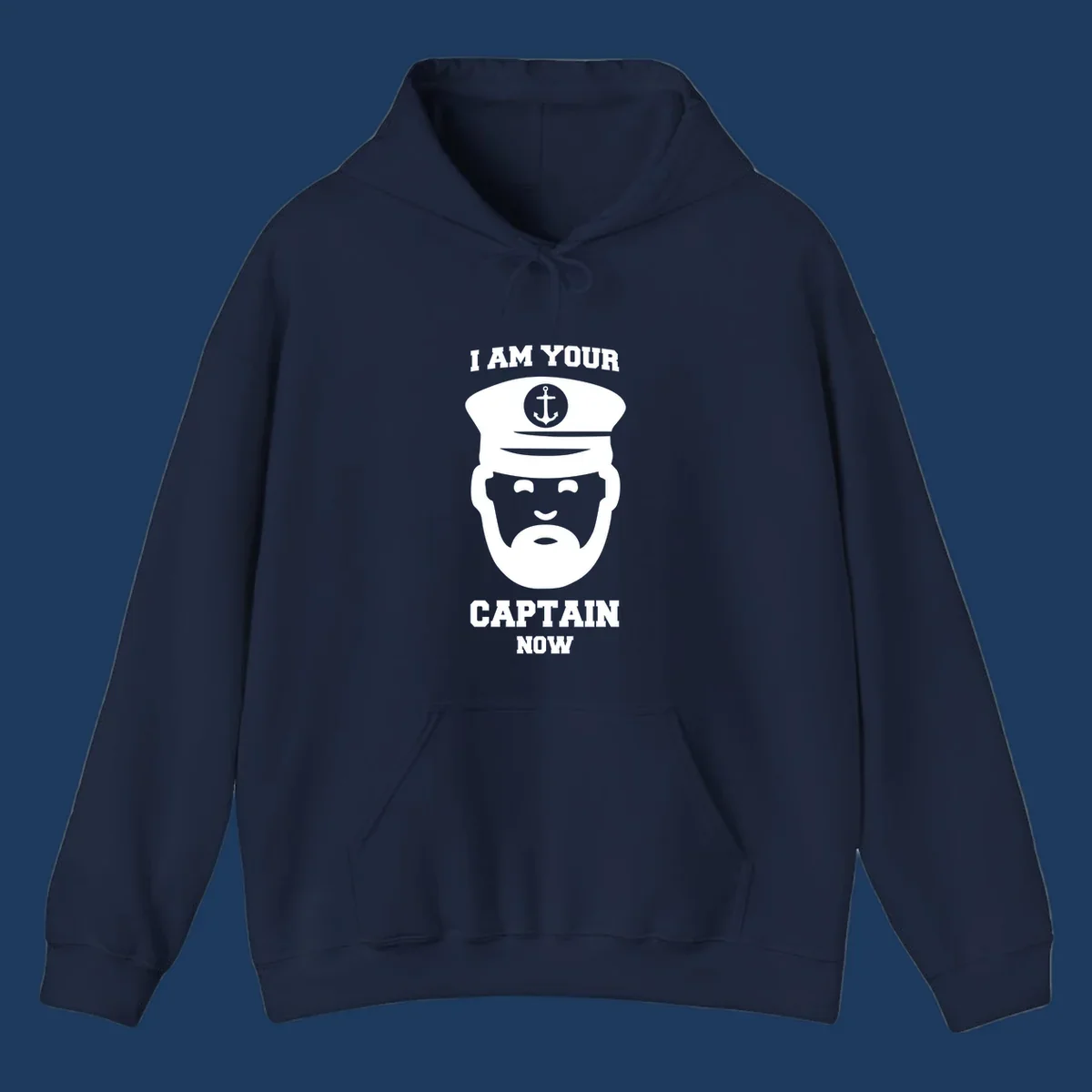 Illustration of a bearded ship captain in white naval uniform with anchor emblem and text reading 'I Am Your Captain Now' for captain-now-cruise design