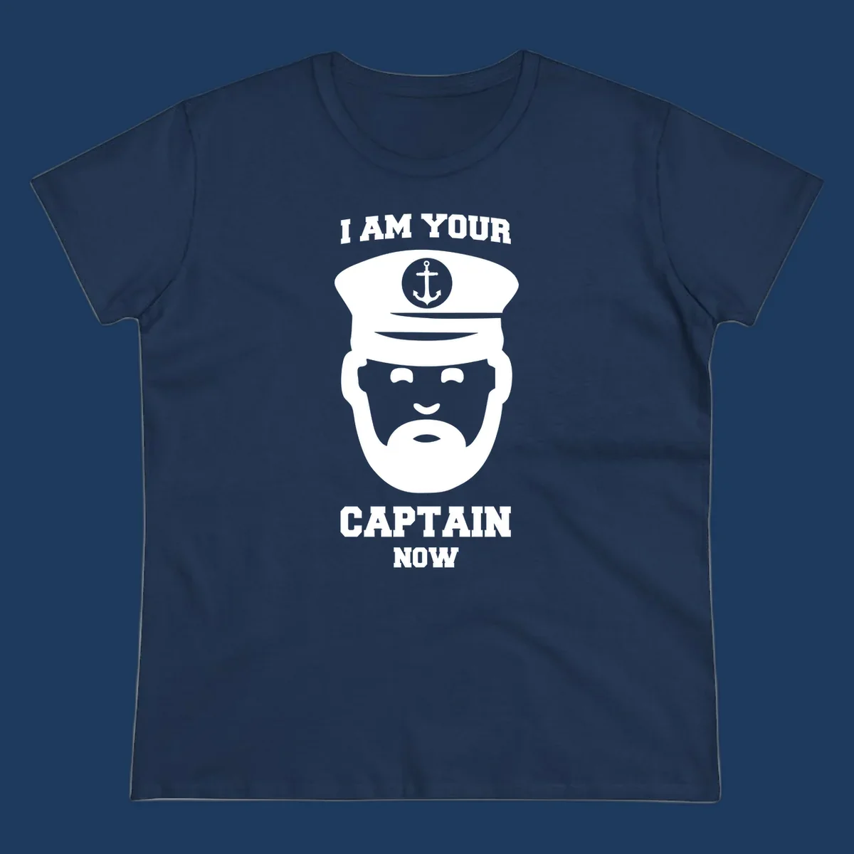 Illustration of a bearded ship captain in white naval uniform with anchor emblem and text reading 'I Am Your Captain Now' for captain-now-cruise design