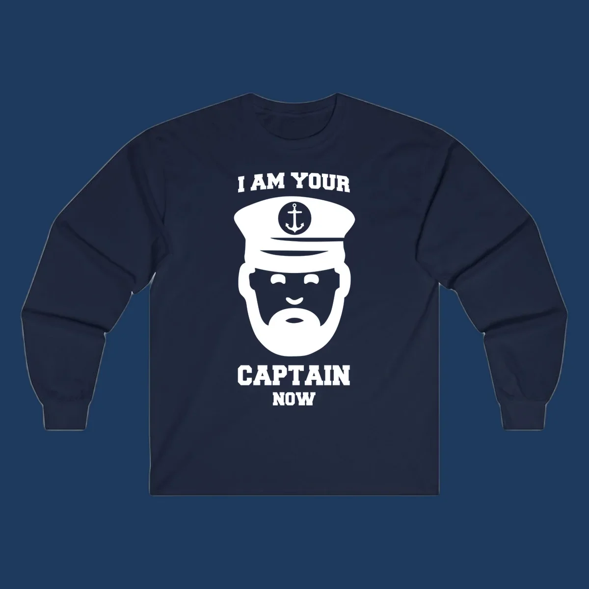 Illustration of a bearded ship captain in white naval uniform with anchor emblem and text reading 'I Am Your Captain Now' for captain-now-cruise design