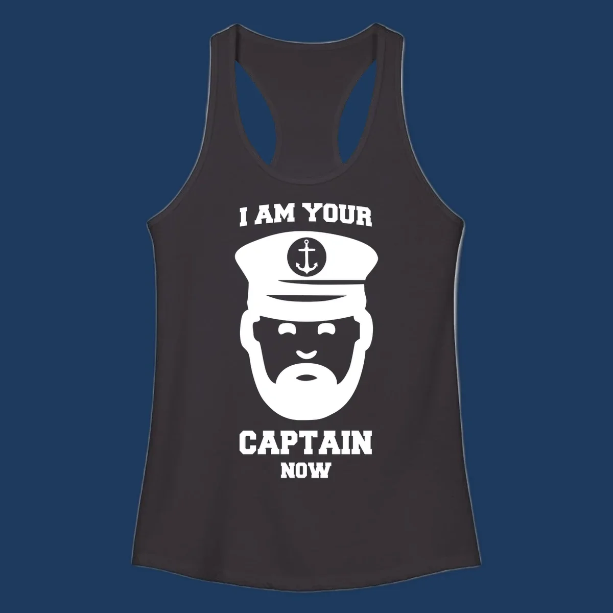 Illustration of a bearded ship captain in white naval uniform with anchor emblem and text reading 'I Am Your Captain Now' for captain-now-cruise design