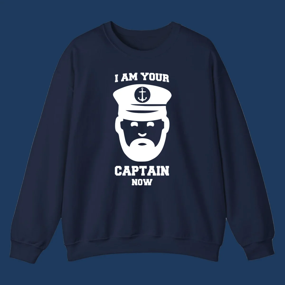 Illustration of a bearded ship captain in white naval uniform with anchor emblem and text reading 'I Am Your Captain Now' for captain-now-cruise design