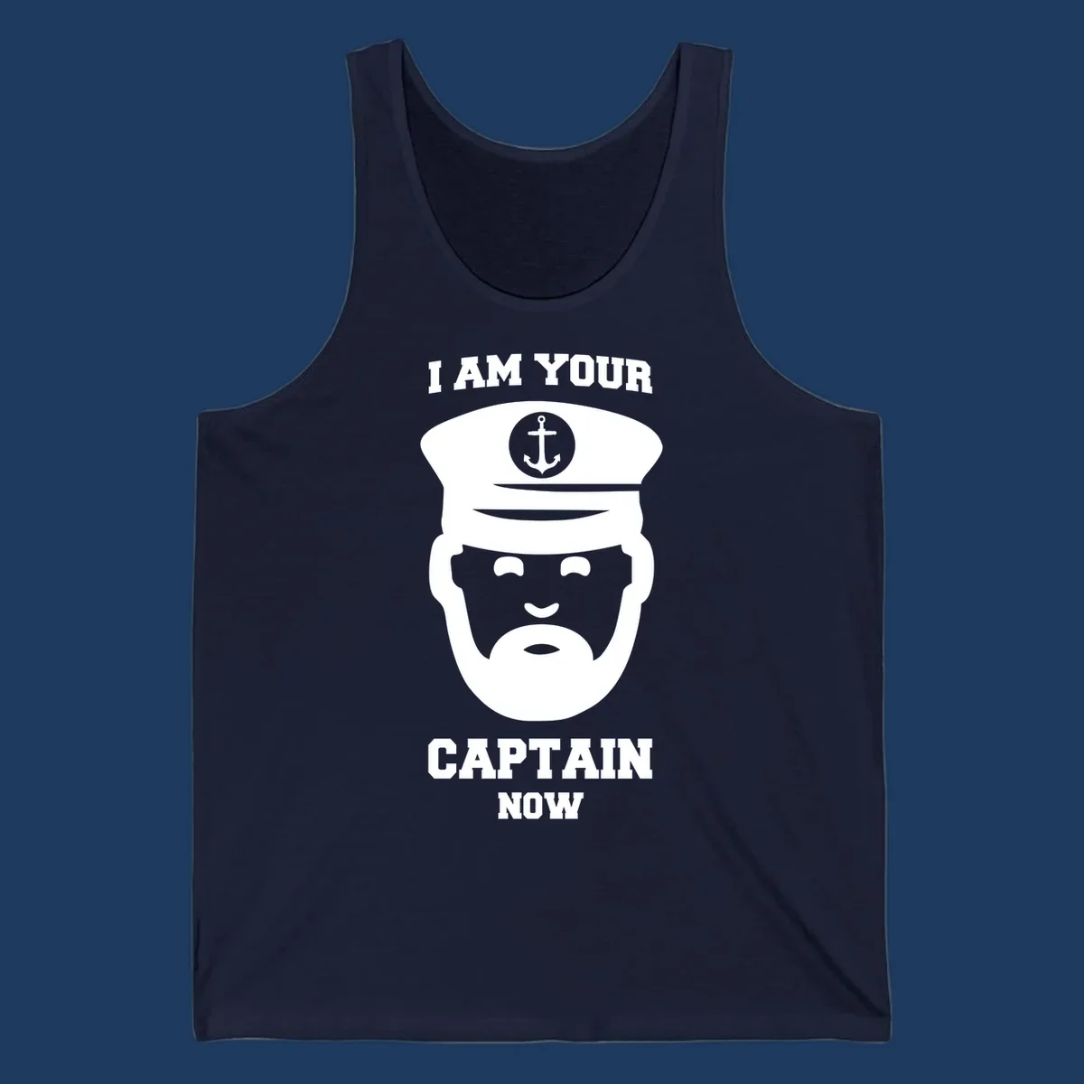 Illustration of a bearded ship captain in white naval uniform with anchor emblem and text reading 'I Am Your Captain Now' for captain-now-cruise design