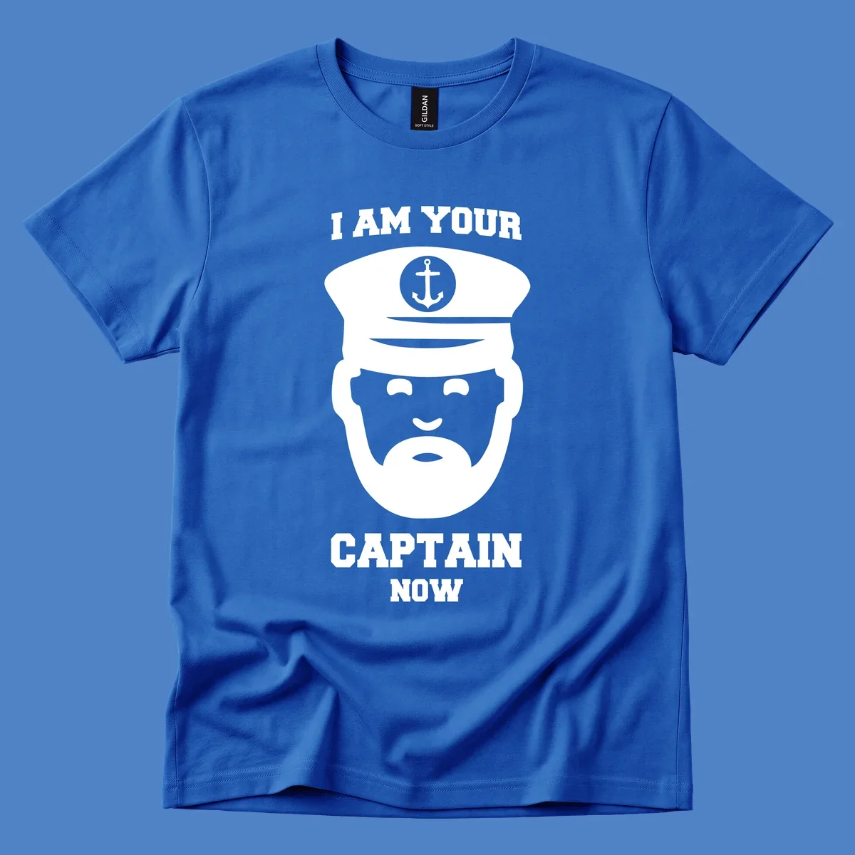 Illustration of a bearded ship captain in white naval uniform with anchor emblem and text reading 'I Am Your Captain Now' for captain-now-cruise design