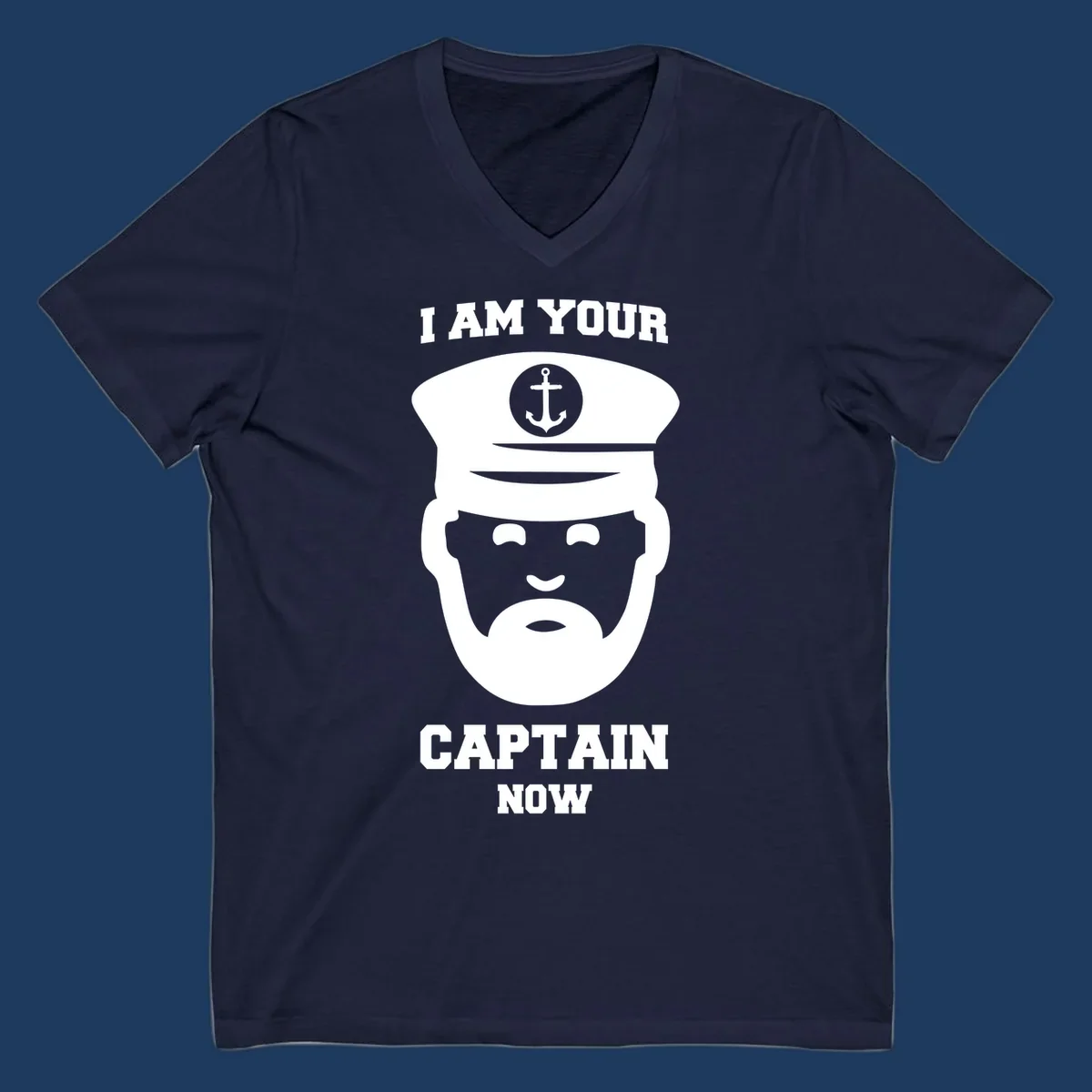 Illustration of a bearded ship captain in white naval uniform with anchor emblem and text reading 'I Am Your Captain Now' for captain-now-cruise design