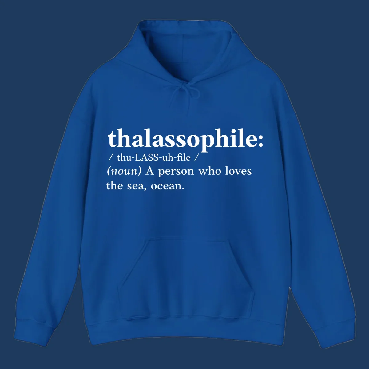 Dictionary-style definition of thalassophile, meaning a person who loves the sea and ocean, in white text on gray background