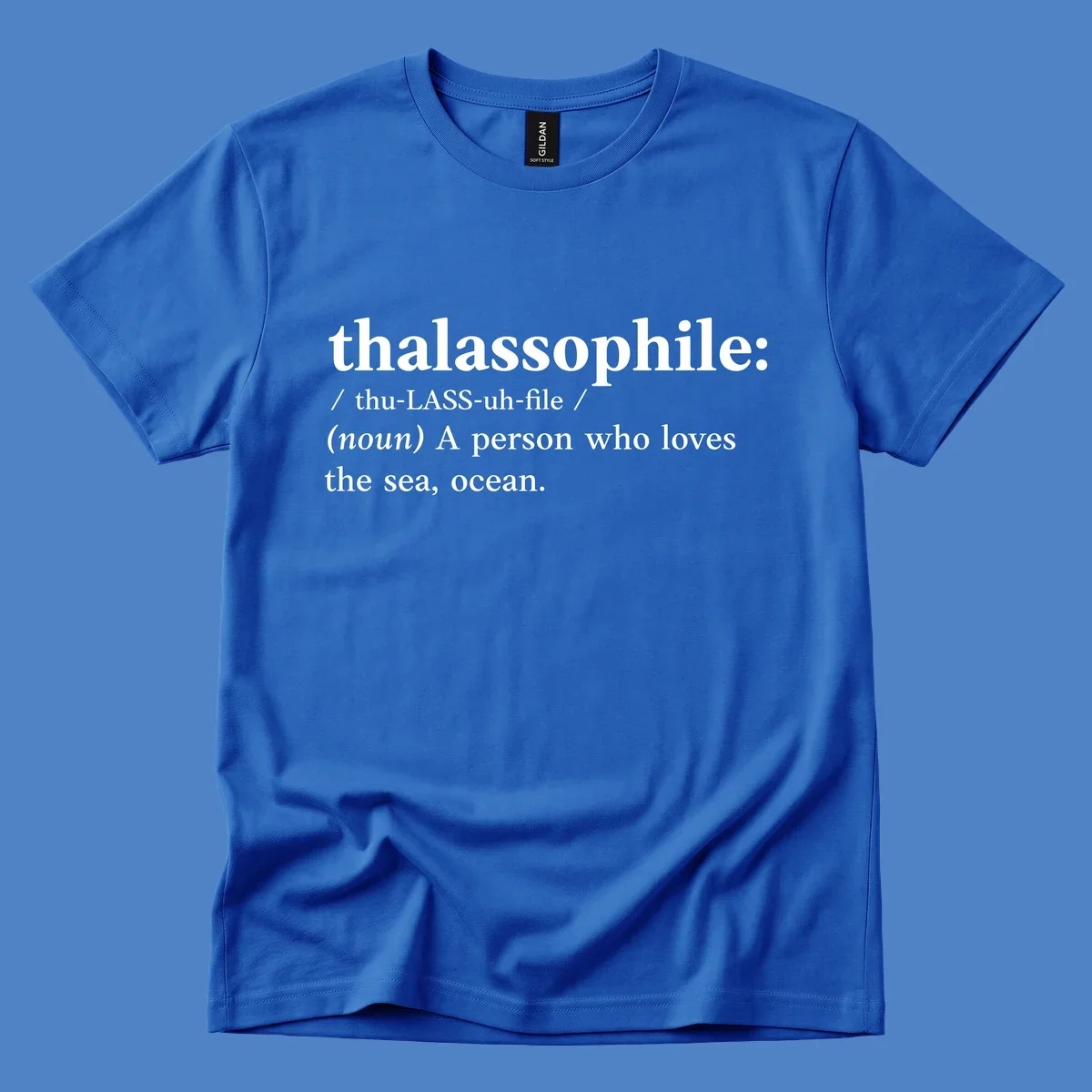 Dictionary-style definition of thalassophile, meaning a person who loves the sea and ocean, in white text on gray background