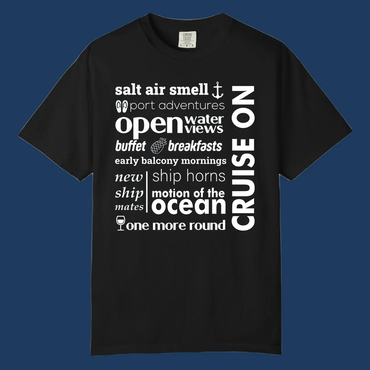 Cruise vibes word cloud with nautical icons featuring phrases like salt air, port adventures, and motion of the ocean on gray background