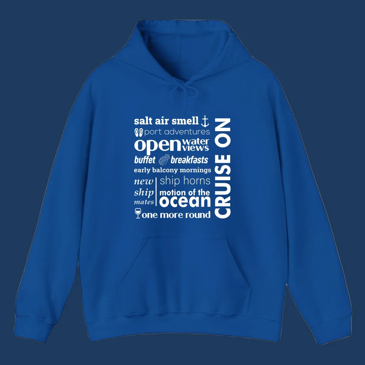 Cruise vibes word cloud with nautical icons featuring phrases like salt air, port adventures, and motion of the ocean on gray background