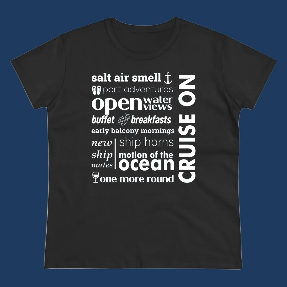 Cruise vibes word cloud with nautical icons featuring phrases like salt air, port adventures, and motion of the ocean on gray background