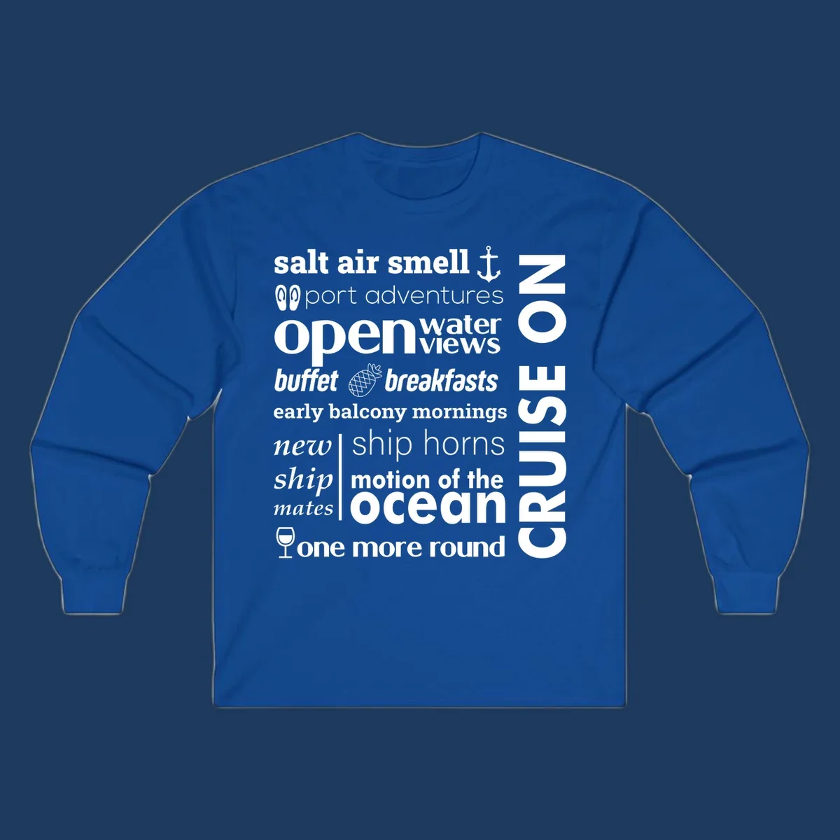 Cruise vibes word cloud with nautical icons featuring phrases like salt air, port adventures, and motion of the ocean on gray background