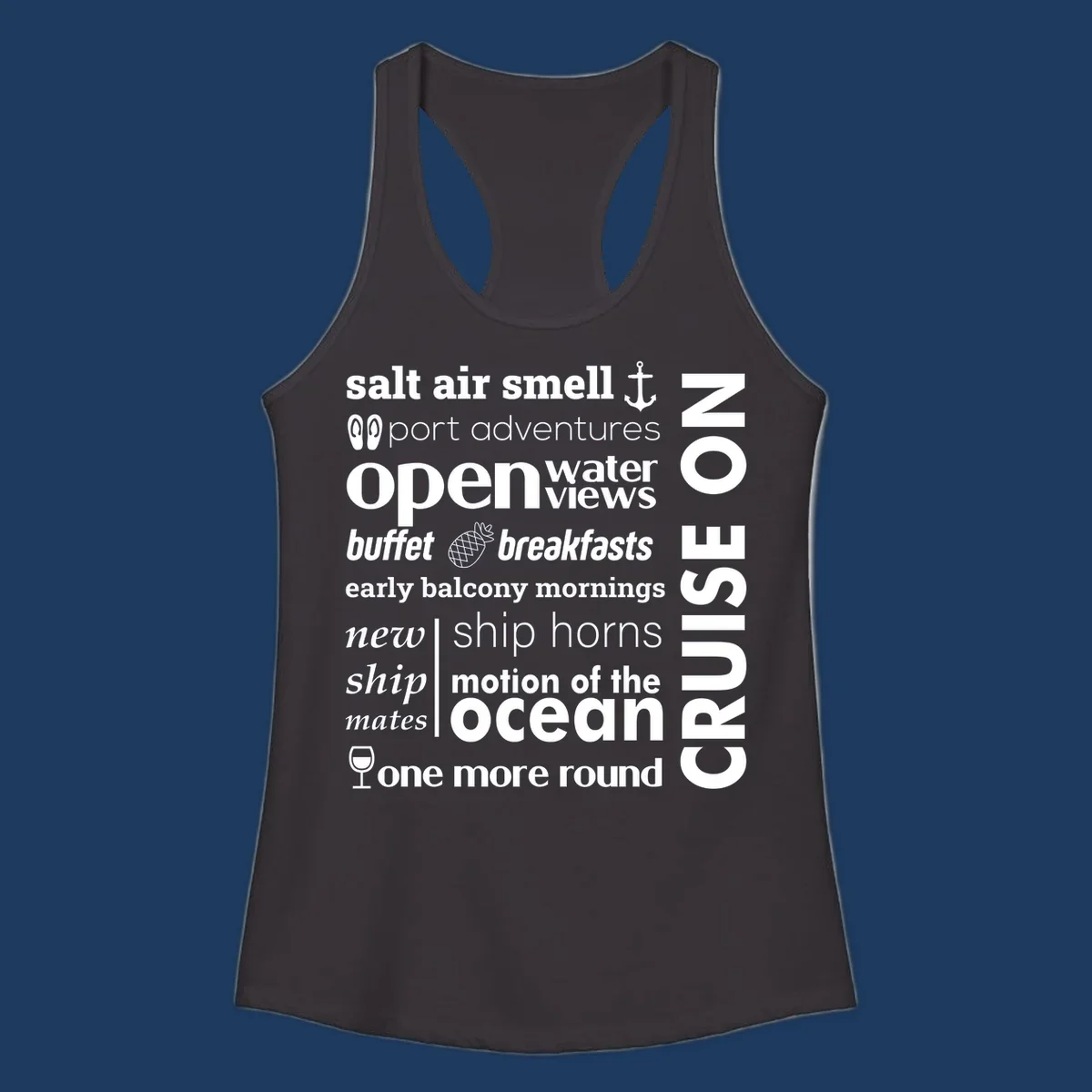 Cruise vibes word cloud with nautical icons featuring phrases like salt air, port adventures, and motion of the ocean on gray background