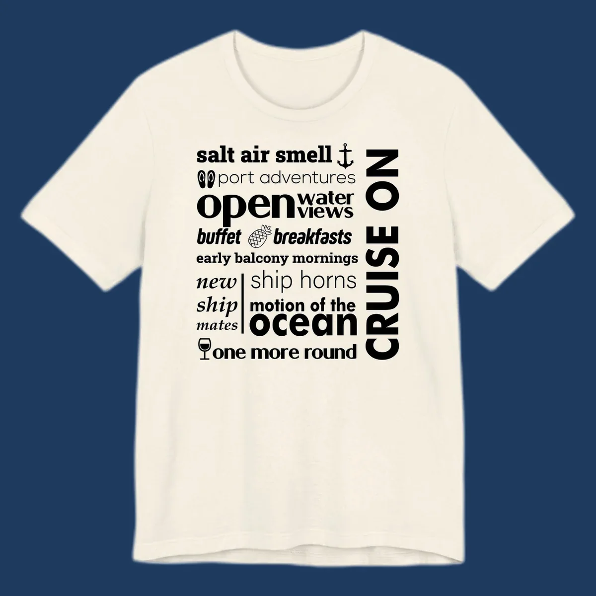 Cruise vibes word cloud with nautical icons featuring phrases like salt air, port adventures, and motion of the ocean on gray background