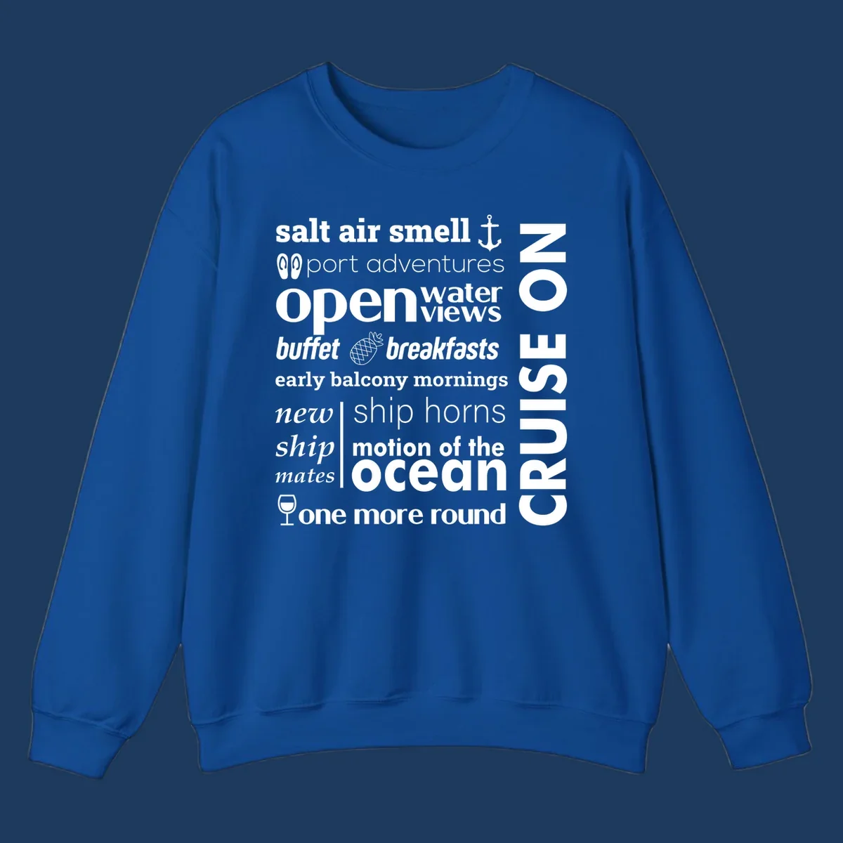 Cruise vibes word cloud with nautical icons featuring phrases like salt air, port adventures, and motion of the ocean on gray background