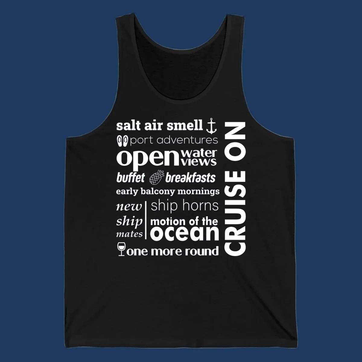 Cruise vibes word cloud with nautical icons featuring phrases like salt air, port adventures, and motion of the ocean on gray background