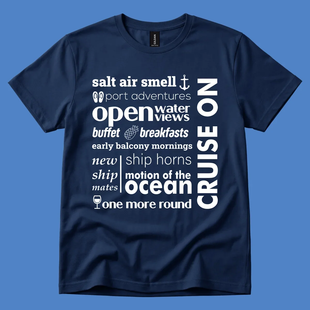 Cruise vibes word cloud with nautical icons featuring phrases like salt air, port adventures, and motion of the ocean on gray background
