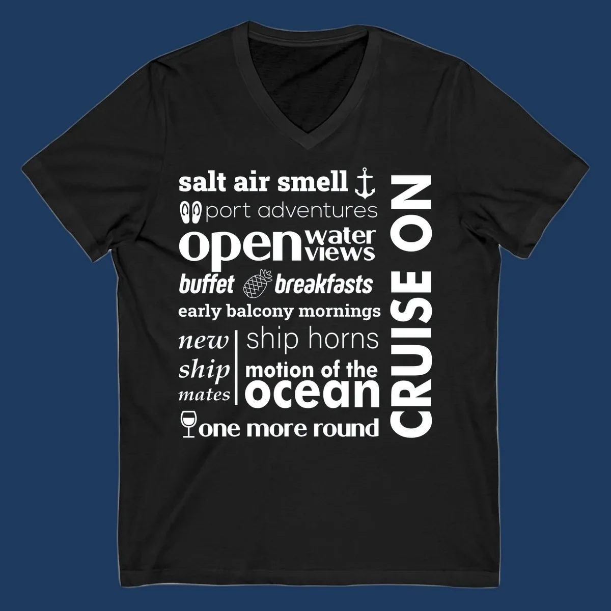 Cruise vibes word cloud with nautical icons featuring phrases like salt air, port adventures, and motion of the ocean on gray background