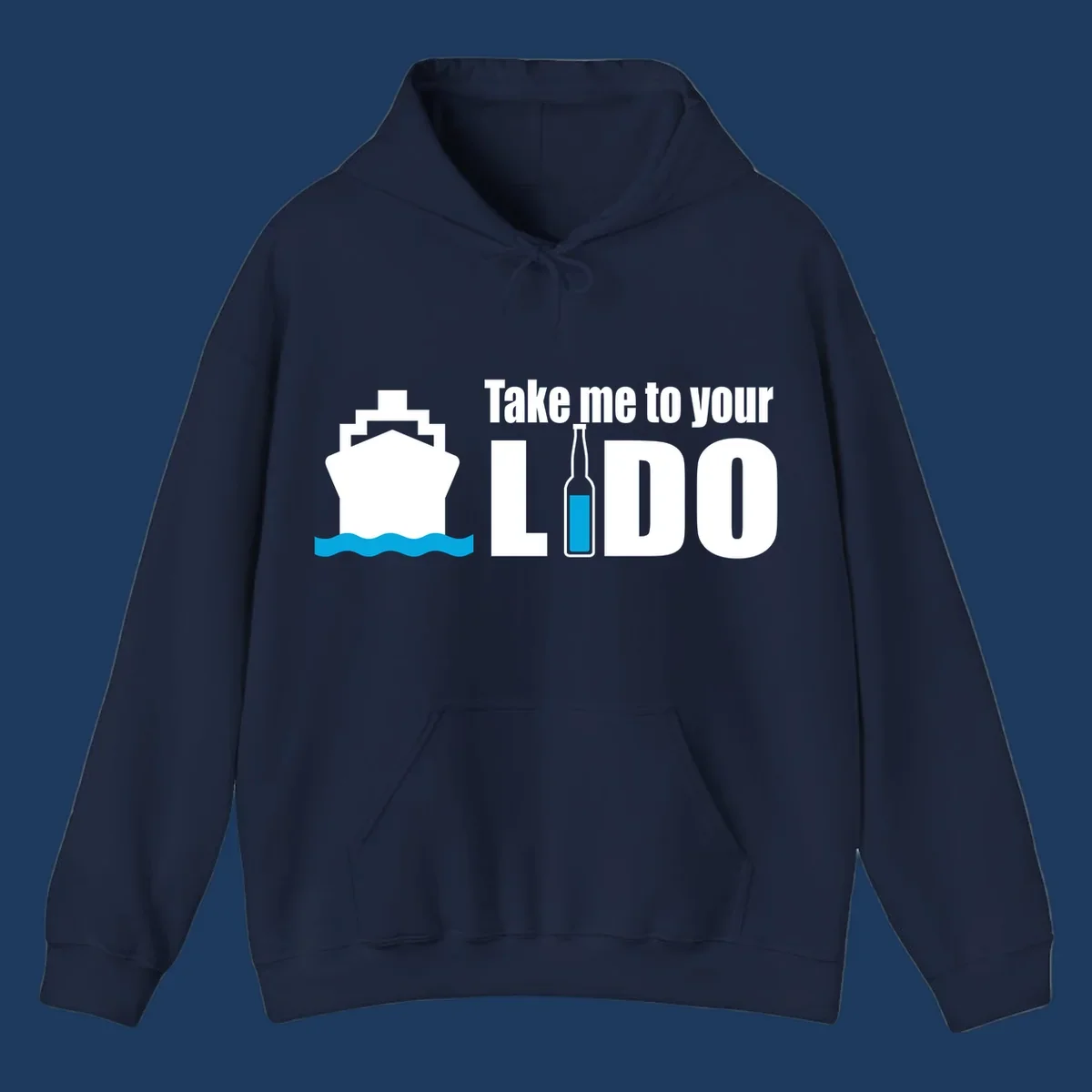Cruise ship with ocean waves and beer bottle illustration with text 'Take me to your LIDO' - a humorous nautical design